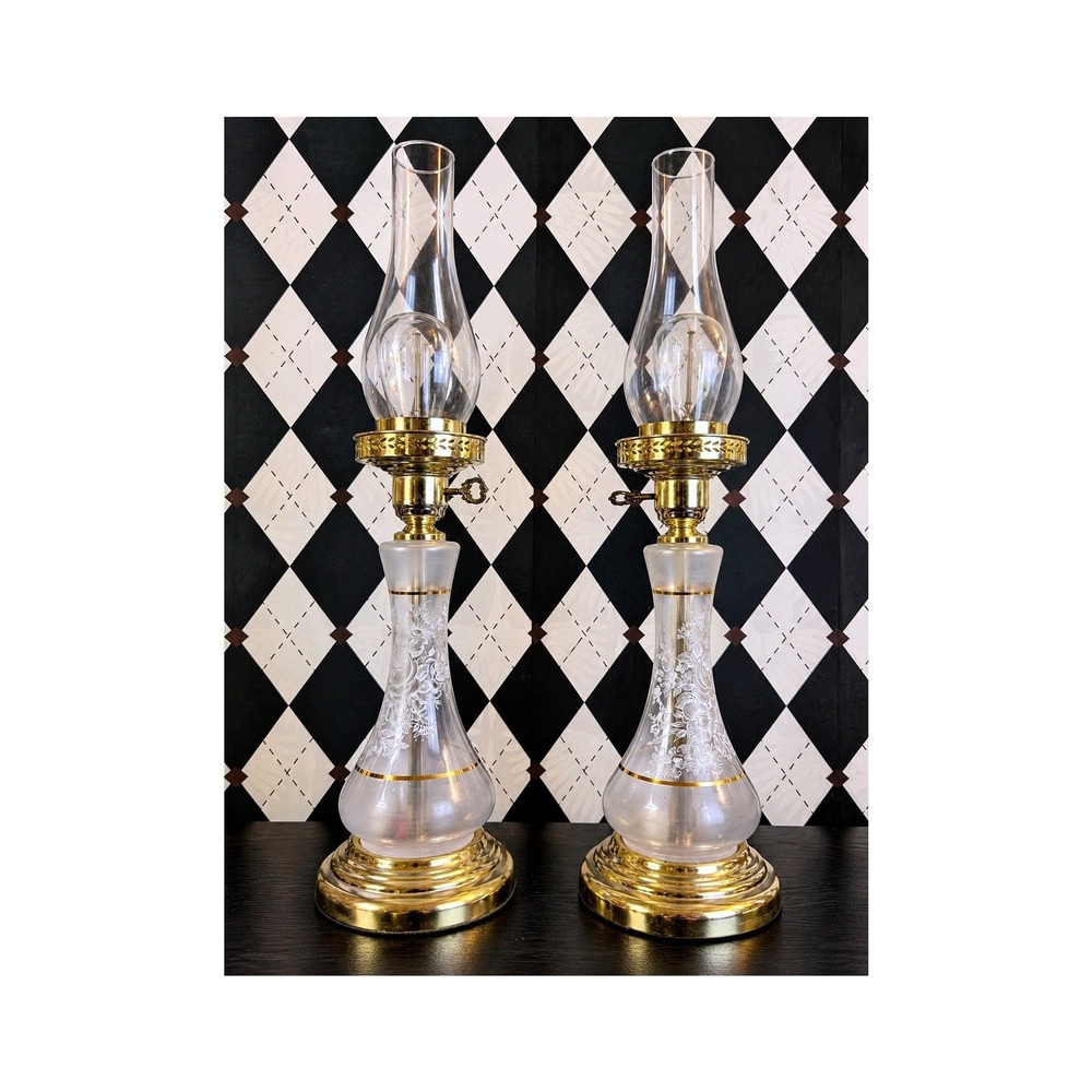 Tall Frosted Glass Hurricane Lamps Vintage Pair Floral Gold Trim Electric